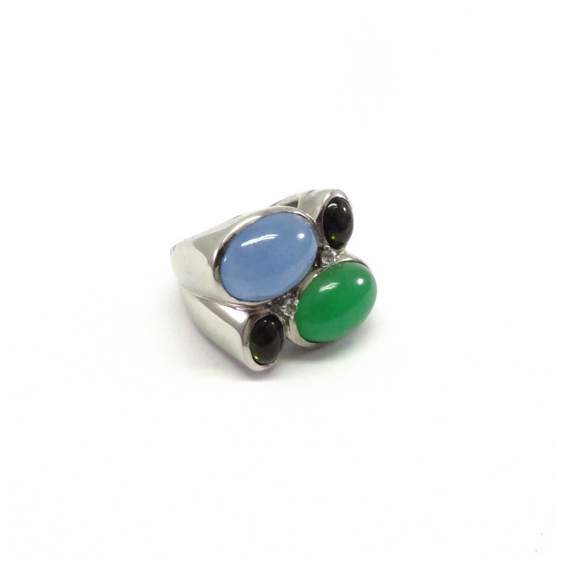 Green Jade, Blue Jade and Tourmaline Silver Ring