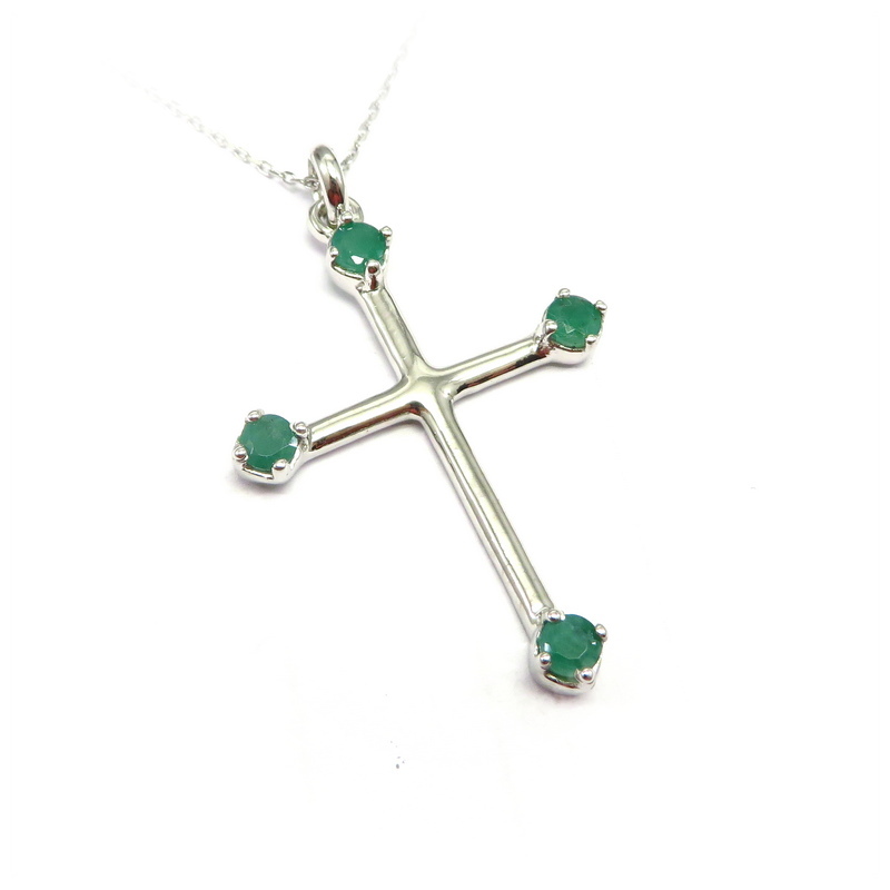 Emerald Cross Pendant Sterling Silver