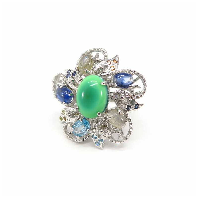 Flower Chrysoprase, Blue Topaz, Kyanite and Moonstone Silver Ring