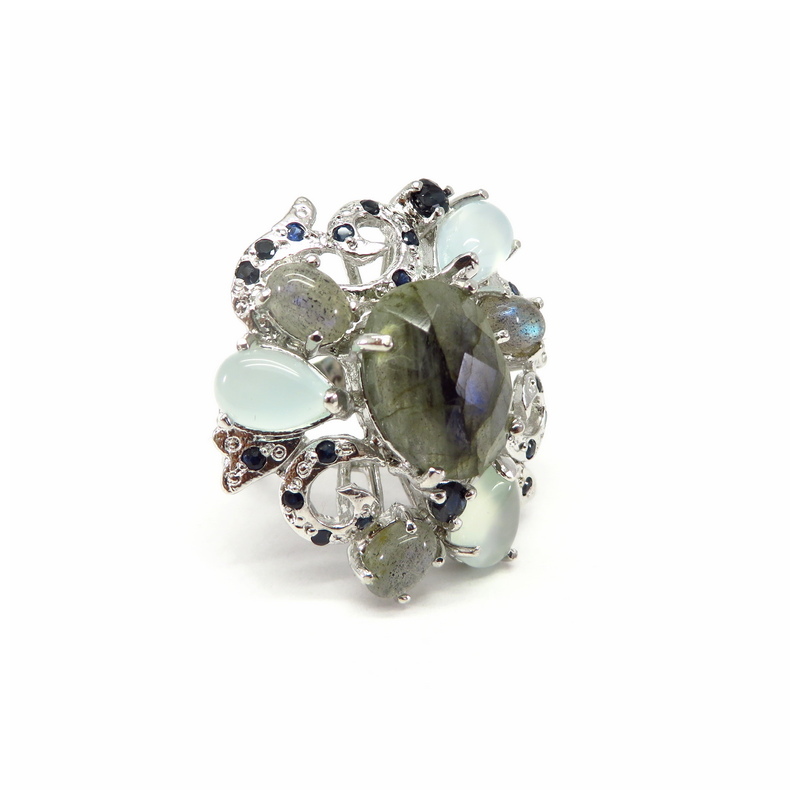 Labradorite, Chalcedony and Sapphire Silver Ring