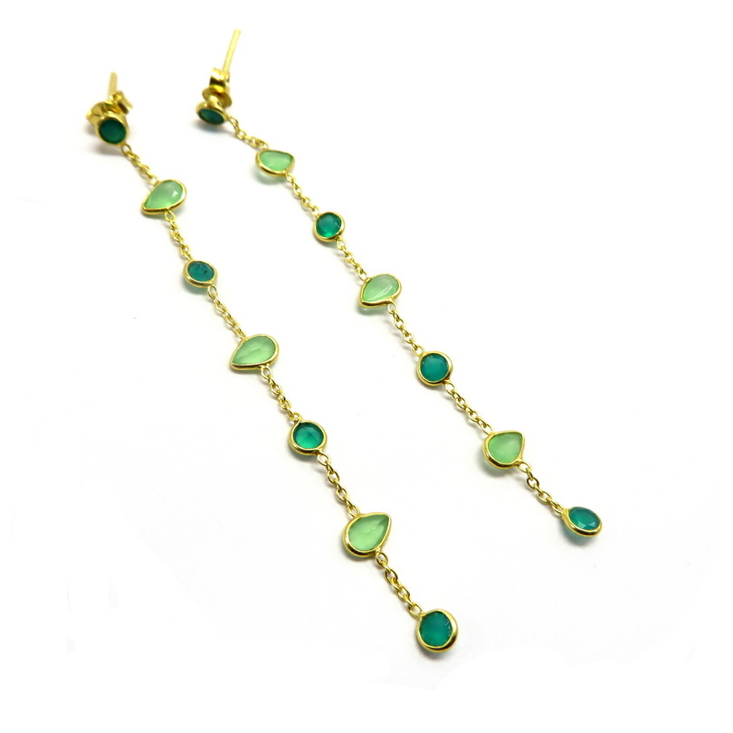 Green Onyx, Prehnite and Chalcedony Gold Plated Sterling Silver Earrings