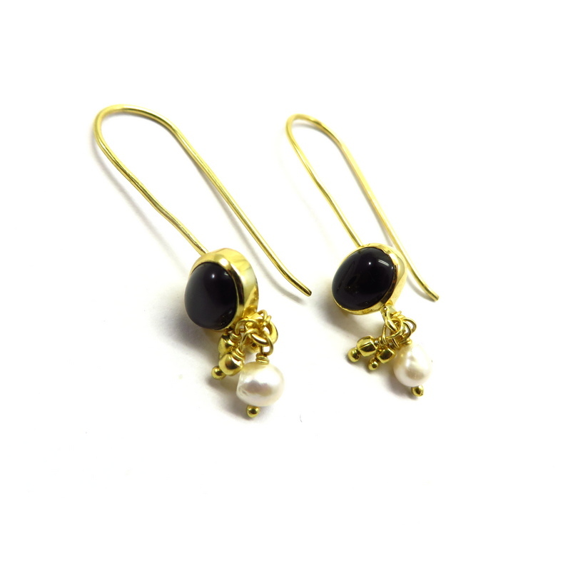 Black Onyx and Pearls Gold Plated Sterling Silver Earrings