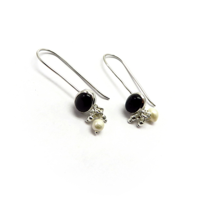 Black Onyx and Pearls Sterling Silver Earrings