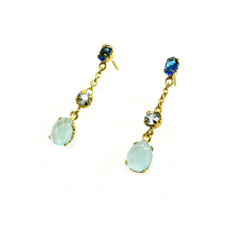 Kyanite, Blue Topaz and Aqua Chalcedony Gold Plated Sterling Silver Earrings