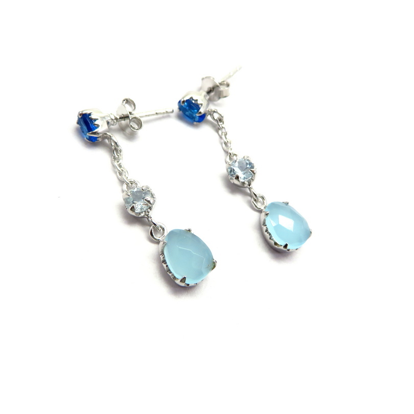 Kyanite, Blue Topaz and Aqua Chalcedony Sterling Silver Earrings