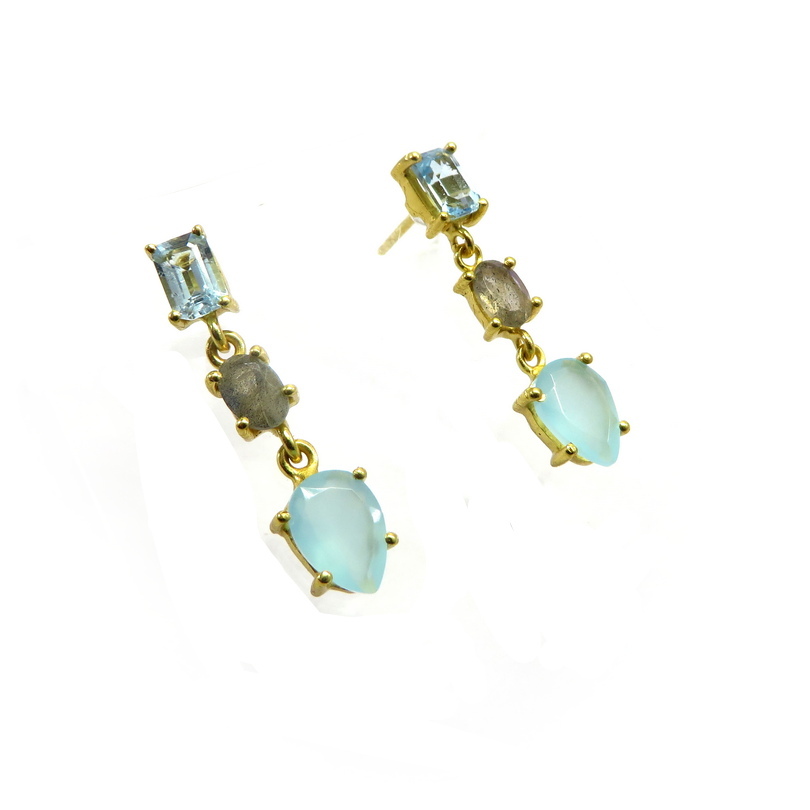 Labradorite, Blue Topaz and Aqua Chalcedony Gold Plated Sterling Silver Earrings