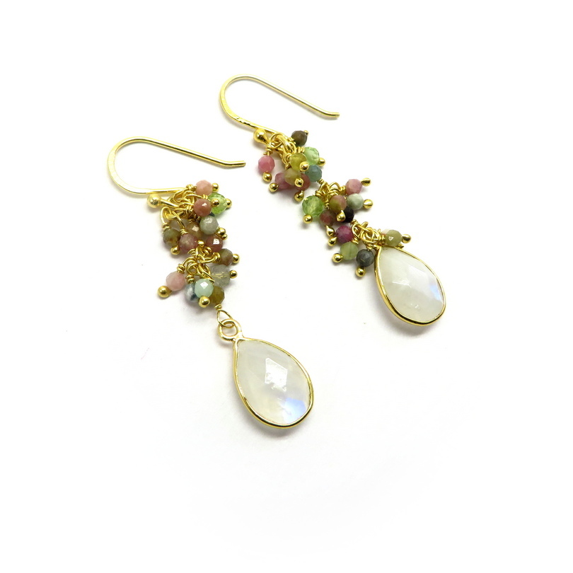 Moonstone and Cluster Tourmaline Gold Plated Sterling Silver Earrings