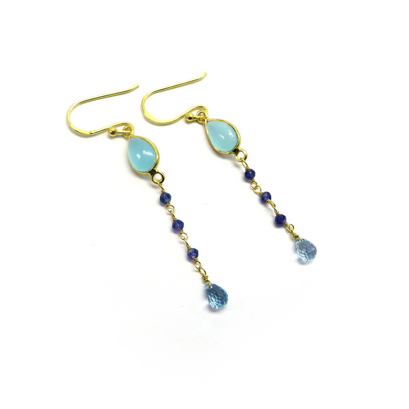 Aqua Chalcedony, Tanzanite and Blue Topaz Gold Plated Sterling Silver Earrings