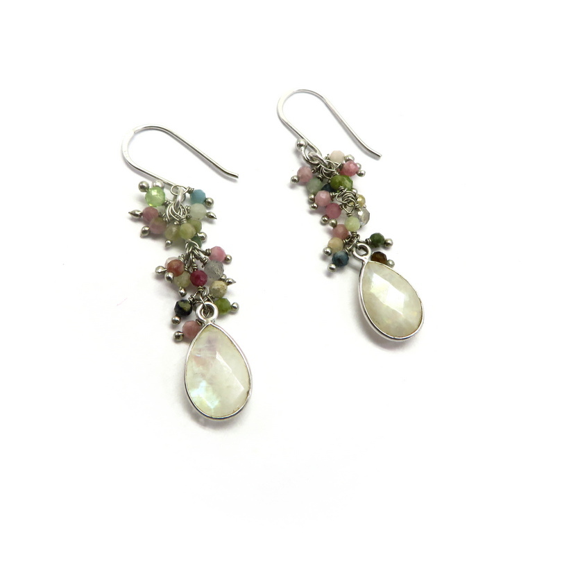 Moonstone and Cluster Tourmaline Sterling Silver Earrings