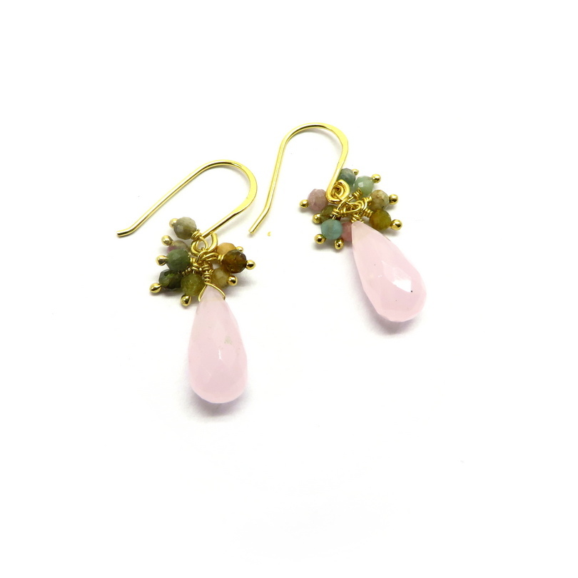 Tourmaline and Teardrop Rose Agate Gold Plated Sterling Silver Earrings