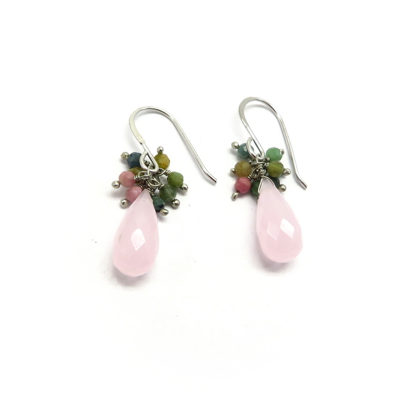 Tourmaline and Teardrop Rose Quartz Sterling Silver Earrings
