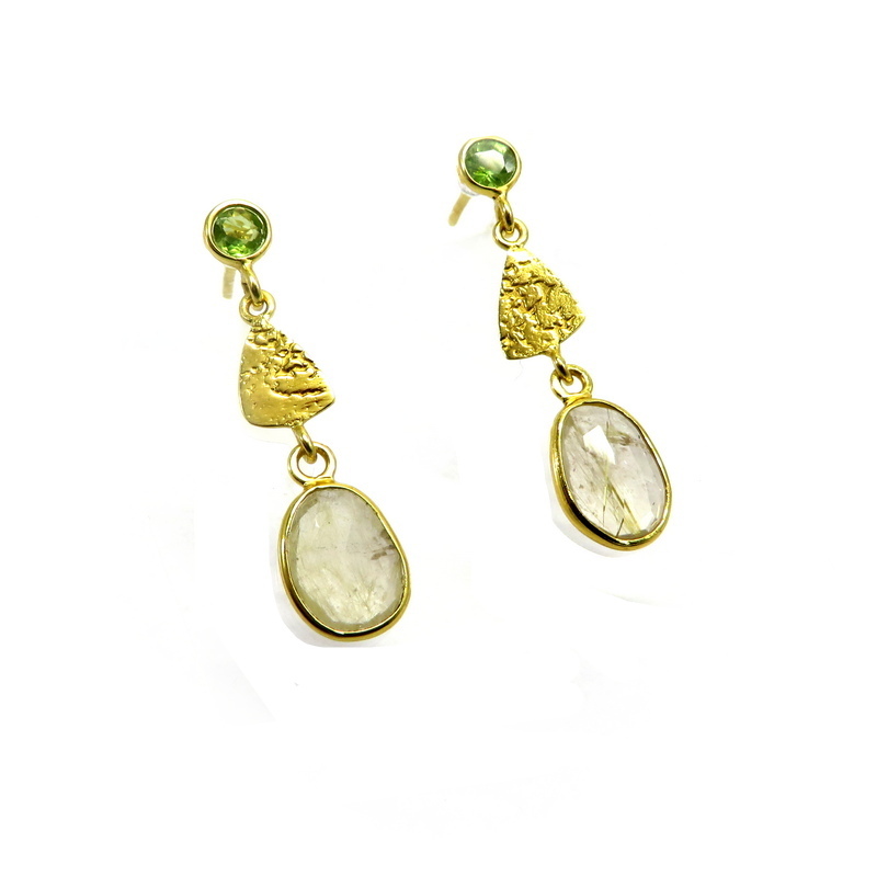 Peridot and Golden Rutile Quartz Gold Plated Sterling Silver Earrings