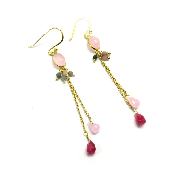 Rose Chalcedony, Tourmaline and Ruby Gold Plated Silver Earrings
