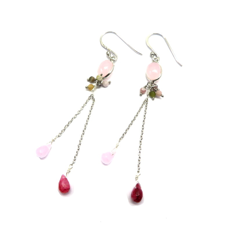 Rose Chalcedony, Tourmaline and Ruby Sterling Silver Earrings