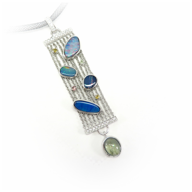 Australian Opal and Tourmaline Silver Pendant
