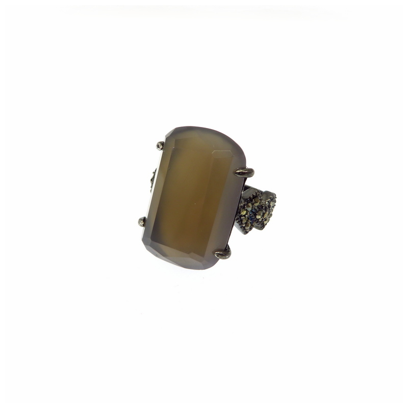 Grey Agate Black Rhodium Plated Silver Ring