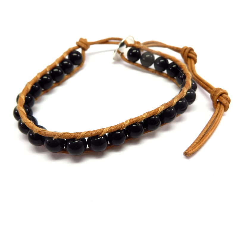 Black Onyx Leather Wrap Bracelet