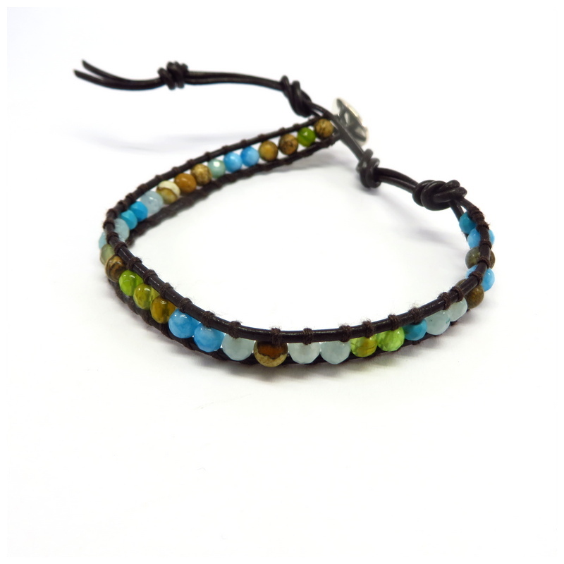 Multi-Colored Gemstones Leather Wrap Bracelet