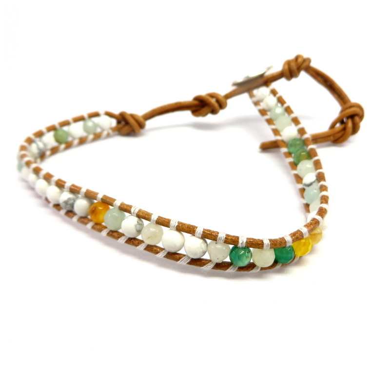 Multi-Colored Gemstone Leather Wrap Bracelet