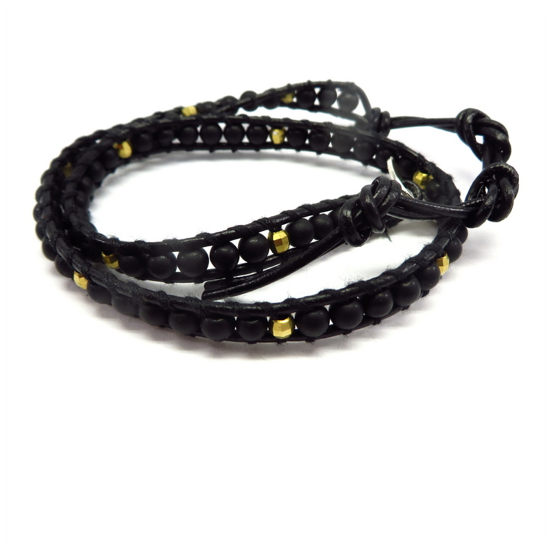 Black Onyx Wraparound Bracelet Leather