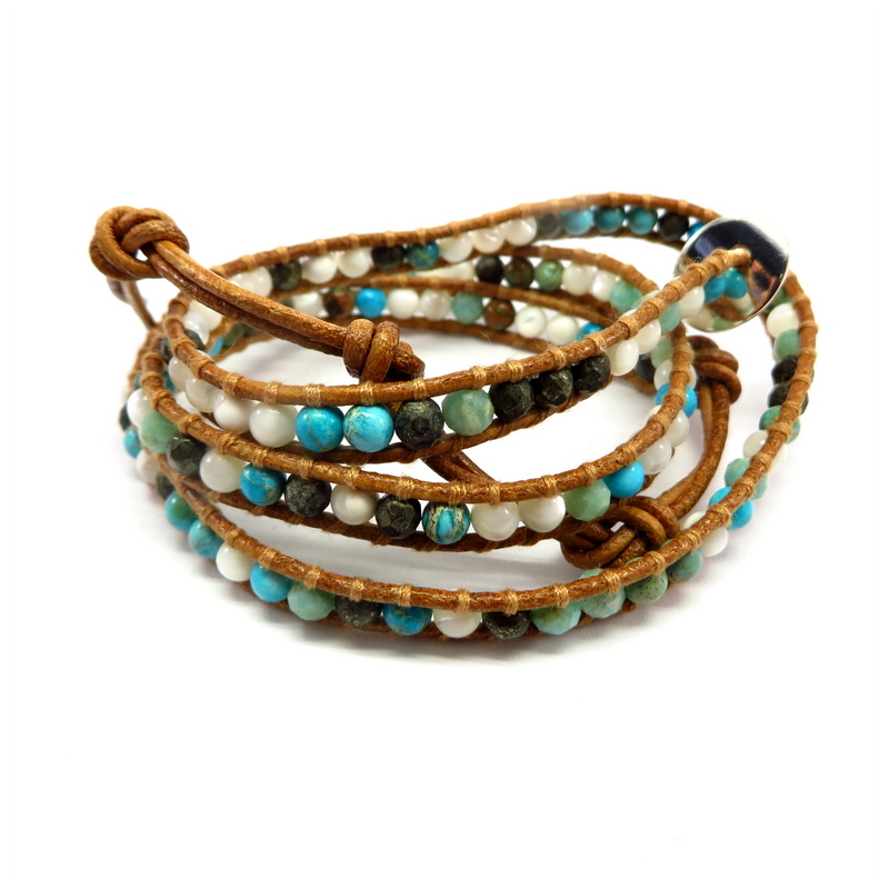 Multi-Colored Gemstone Wraparound Bracelet Leather