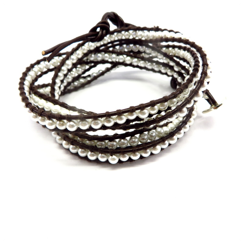 Glass Pearl Wraparound Bracelet Leather