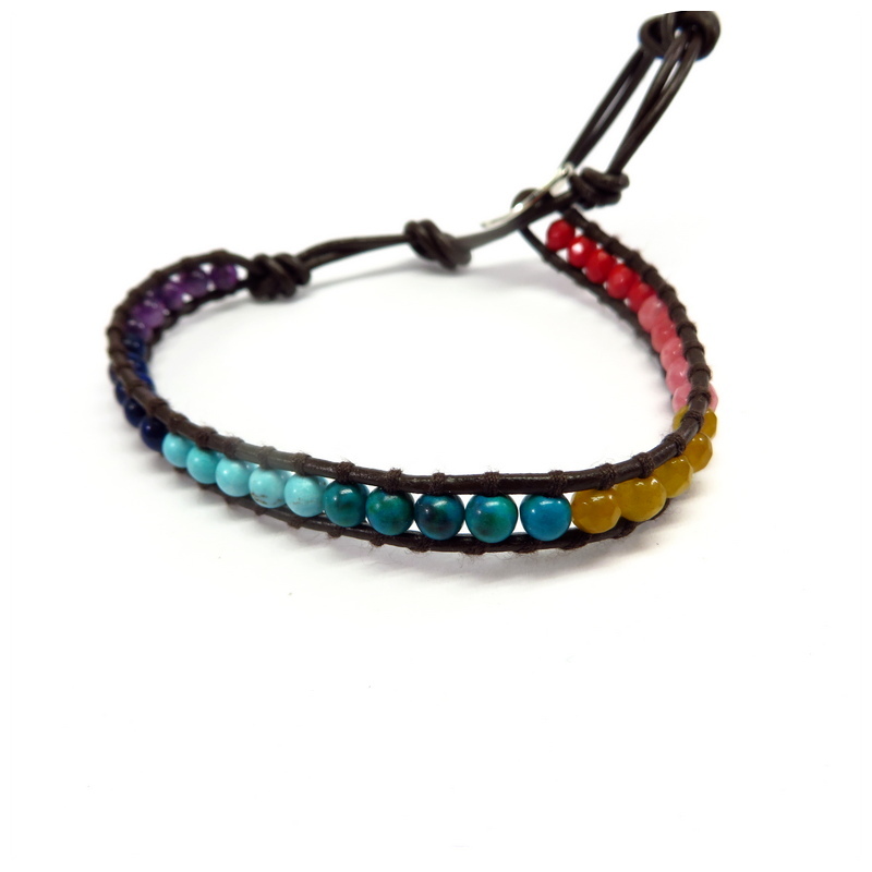 Multi-Colored Stone Chakra Leather Bracelet