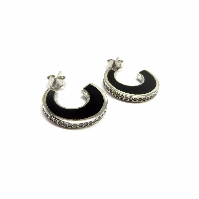 Black Enamel Cubic Zirconia Sterling Silver Hoop Earrings