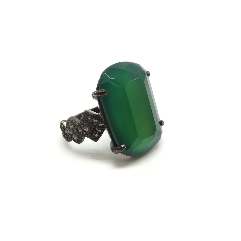 Green Agate Silver Ring Black Rhodium Plated