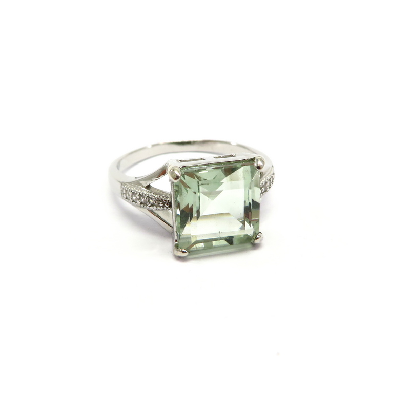 Green Amethyst & Cubic Zirconia Ring in Rhodium-Plated Sterling Silver