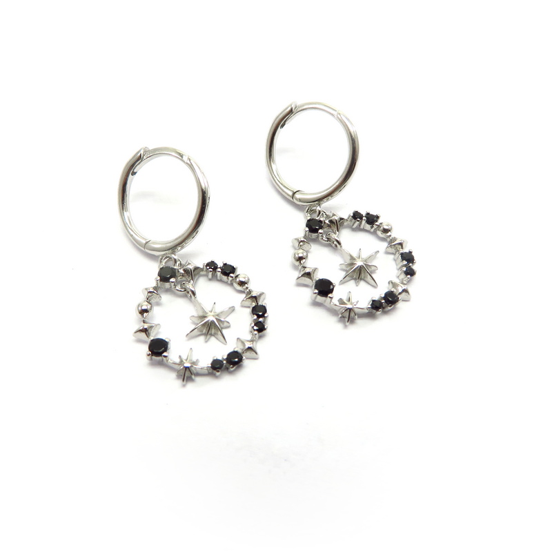 Silver Circle Black Cubic Zirconia Earrings with Star