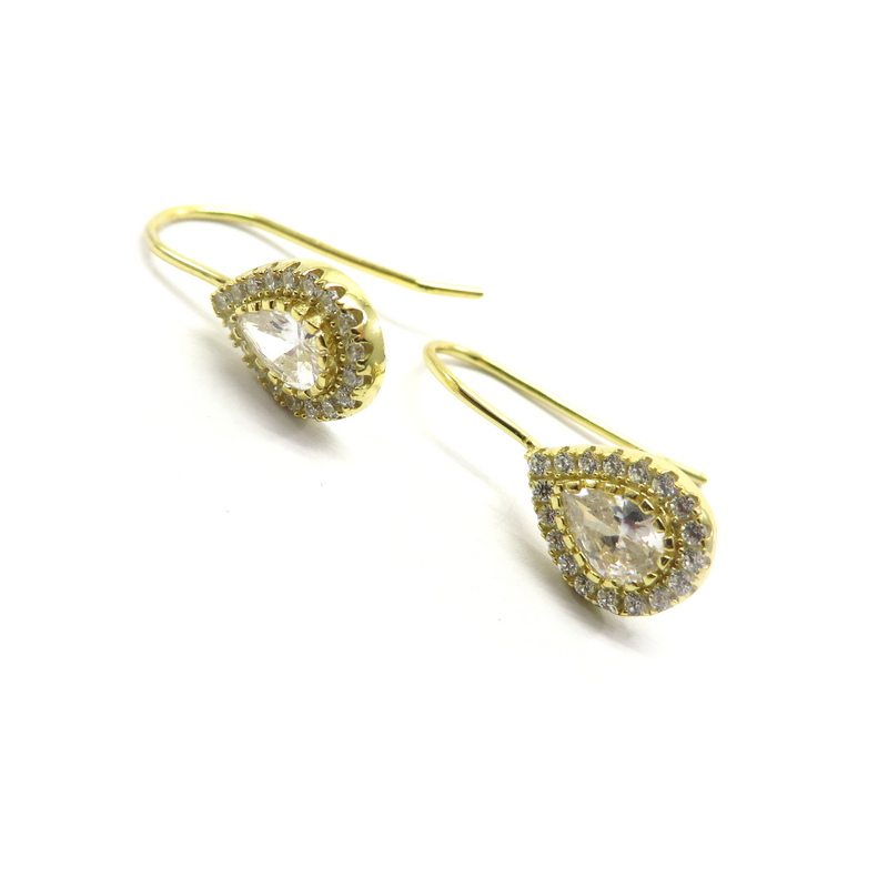 Gold Plated Sterling Silver Teardrop Hook Earrings with Cubic Zirconia