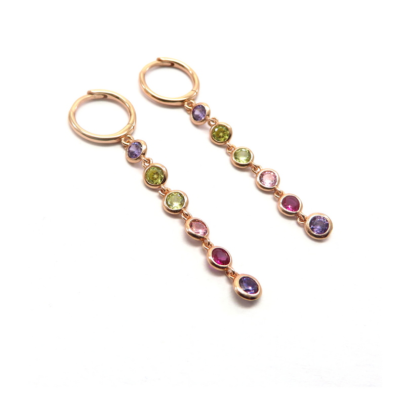Rose Gold Plated Multi-Color CZ Silver Dangling Hoops