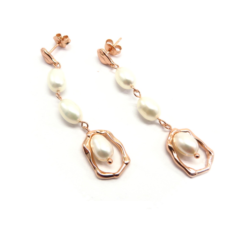 Rose Gold Plated Triple Pearl Drop Silver Earrings
