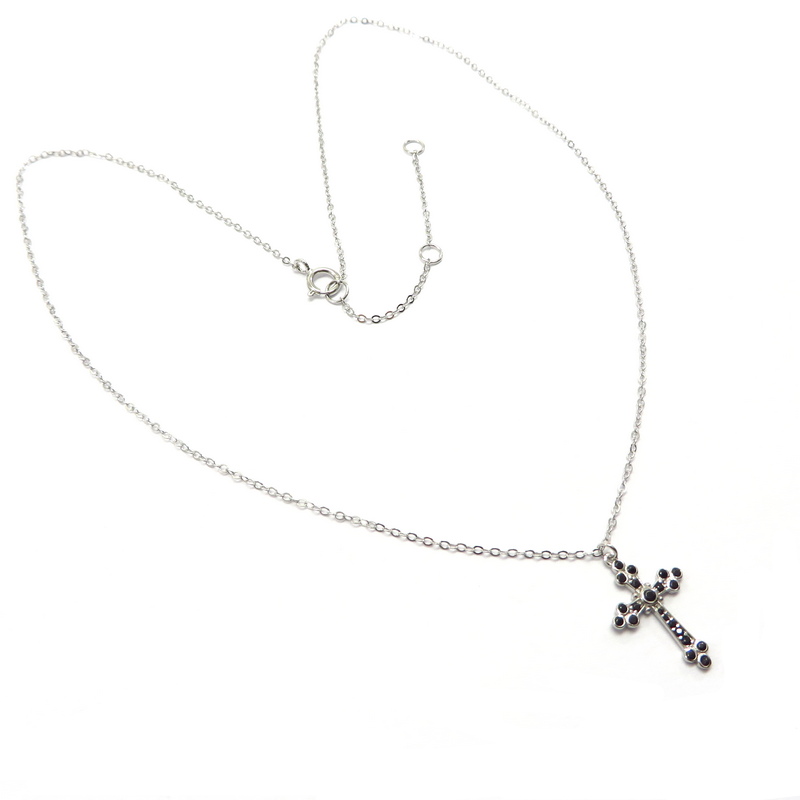 Silver Chain Necklace with Black Cubic Zirconia Pendant