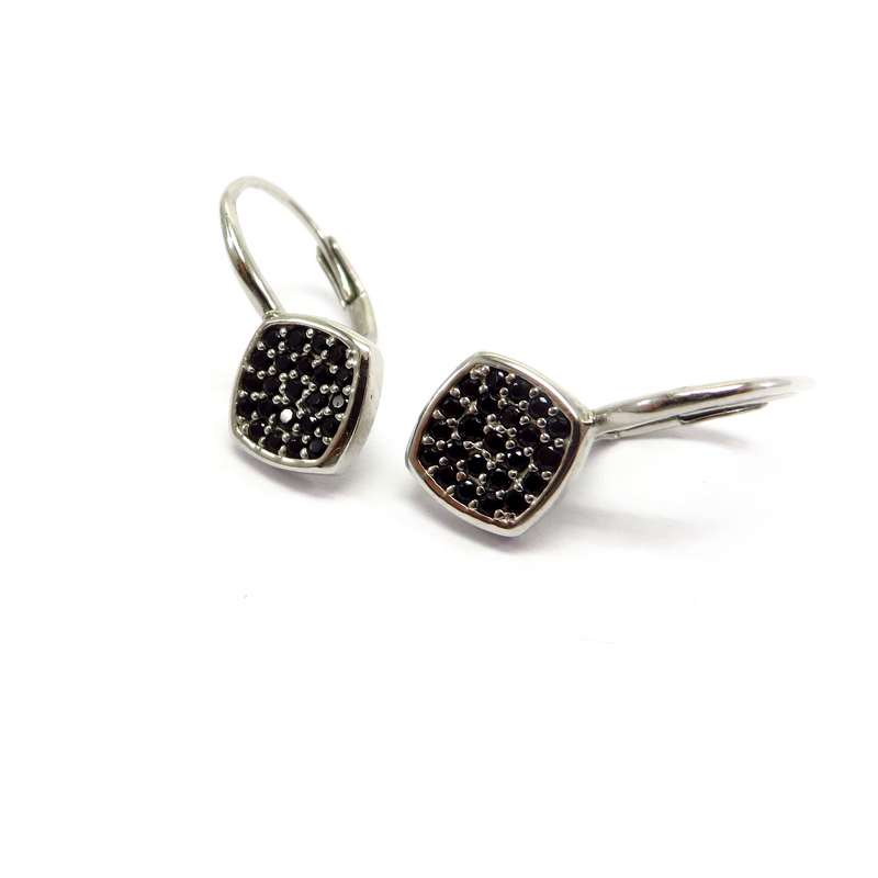 Silver Closed Hoop Earrings with Black Cubic Zirconia