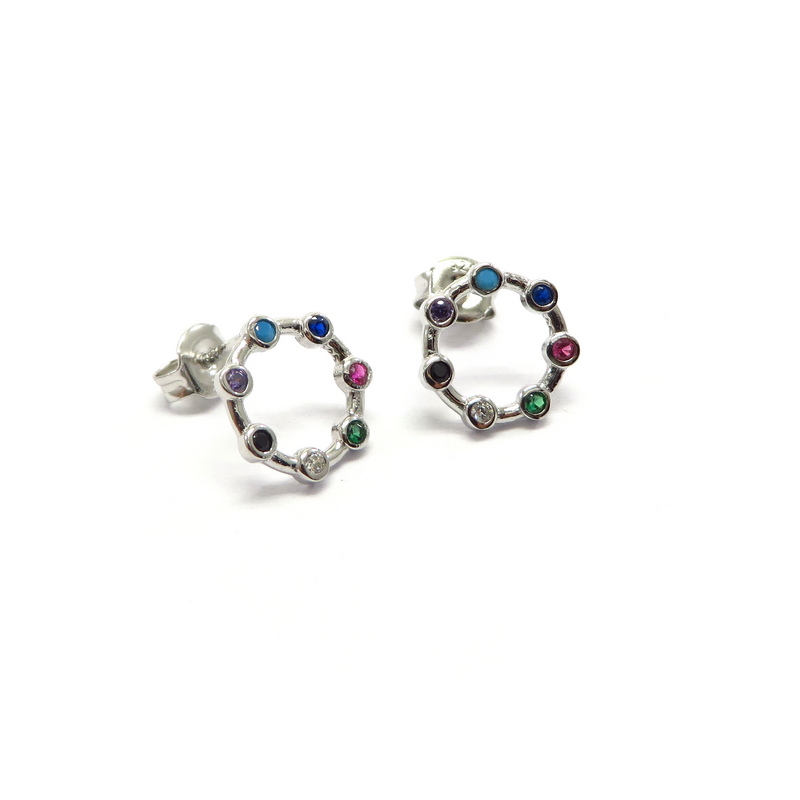 Circle Silver Earrings with Multi-Colored Cubic Zirconia