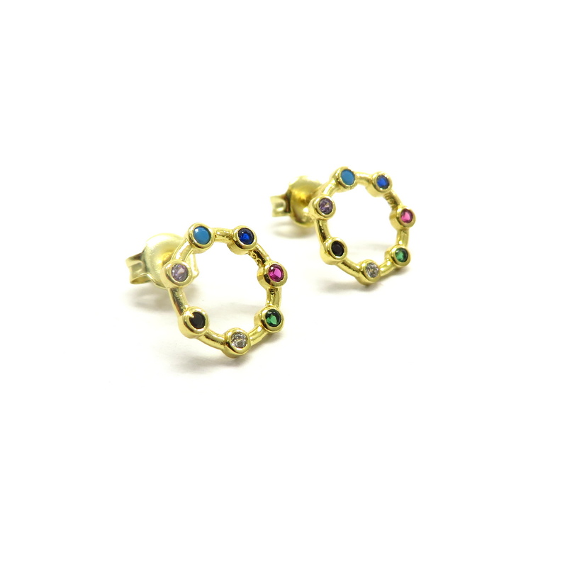 Silver Gold Plated Circle Earrings with Multi-Colored Stones