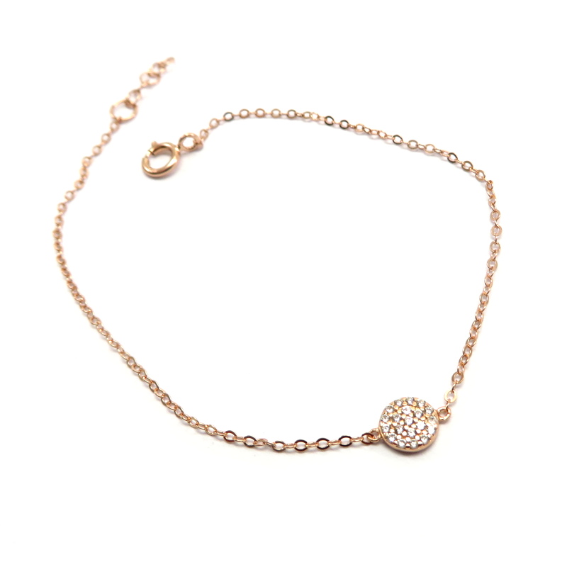 Silver Rose Gold Plated Chain Bracelet with Cubic Zirconia Disc