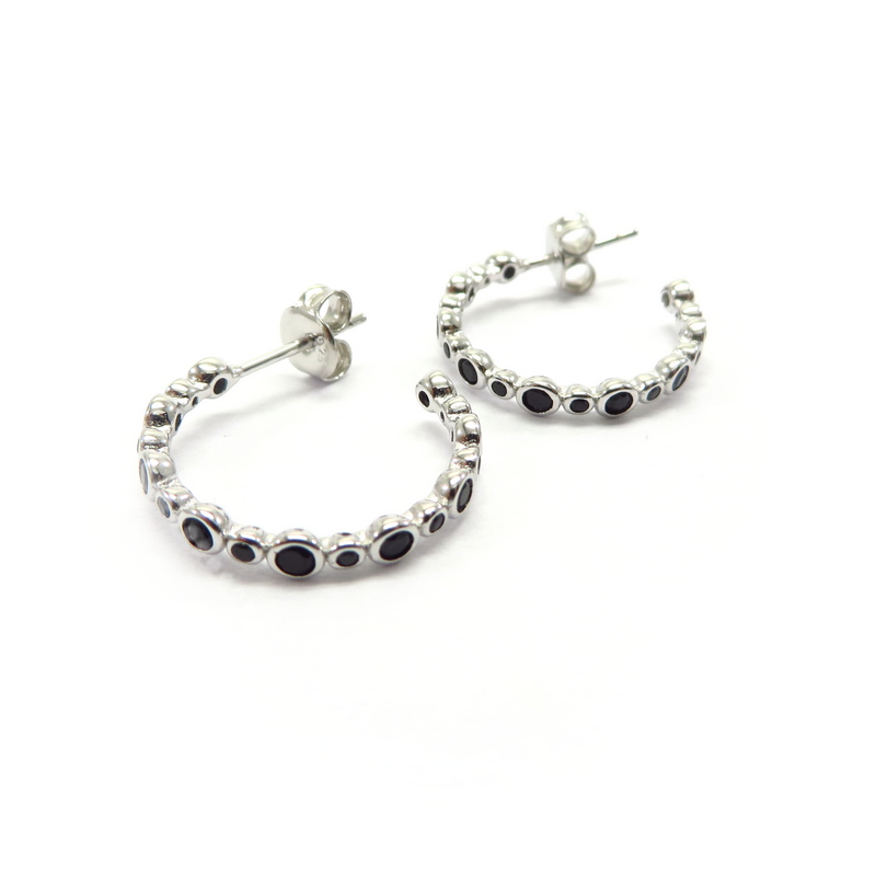 Sparkling Black CZ & Rhodium-Plated Silver Hoops