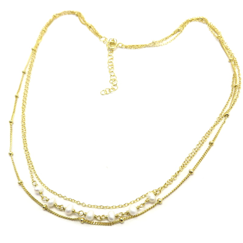 Silver Gold Plated Triple Chain with Freshwater Pearls