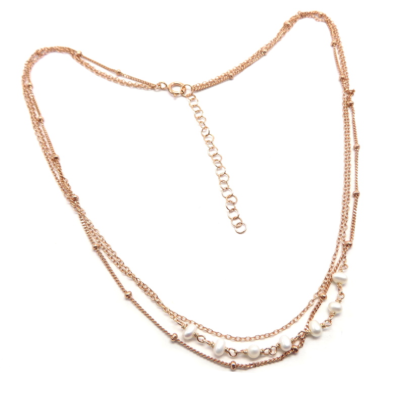 Silver Rose Gold Plated Triple Necklace with Freshwater Pearls