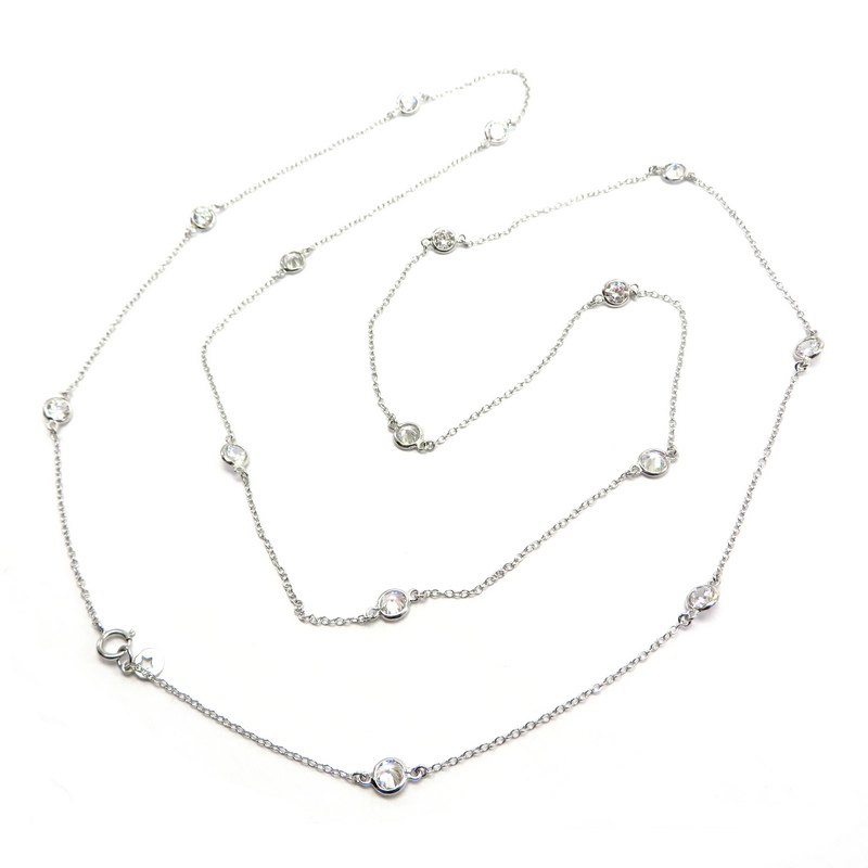 Silver Chain Long Necklace with Cubic Zirconia