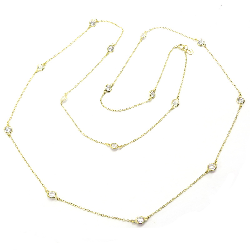 Gold Plated Long Silver Chain Necklace with Cubic Zirconia