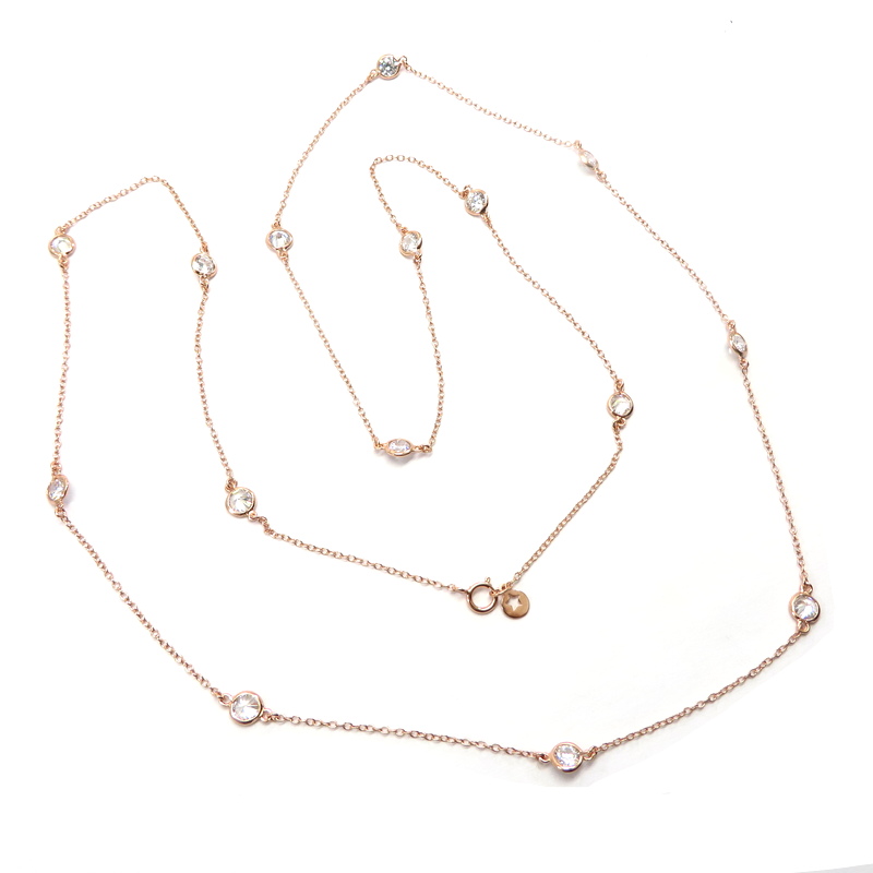 Rose Gold Plated Long Silver Chain Necklace with Cubic Zirconia
