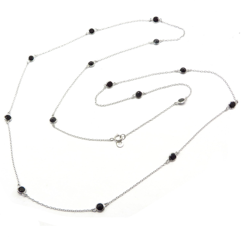 Sterling Silver Long Chain Necklace with Black Cubic Zirconia
