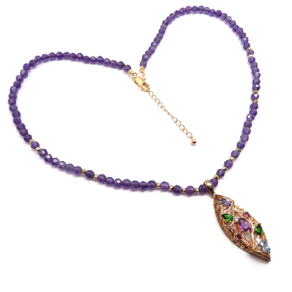 Rose Gold-Plated Silver Pendant set with Semi-Precious Stones on Amethyst Necklace