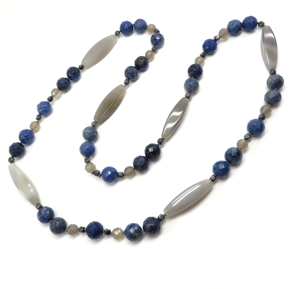 Handmade Gemstone Necklace with Grey Agate, Dumortierite and Hematite
