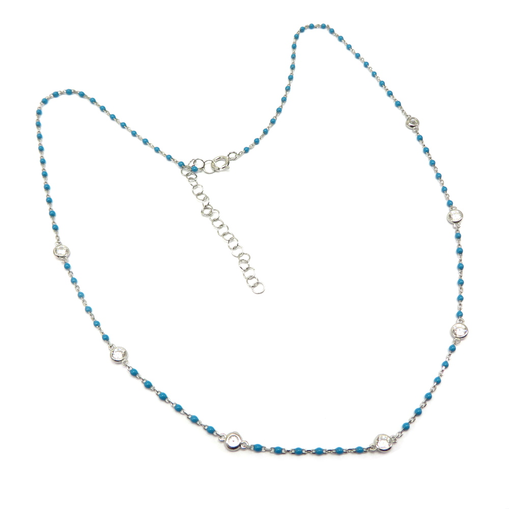 Turquoise Beads and Cubic Zirconia Silver Necklace