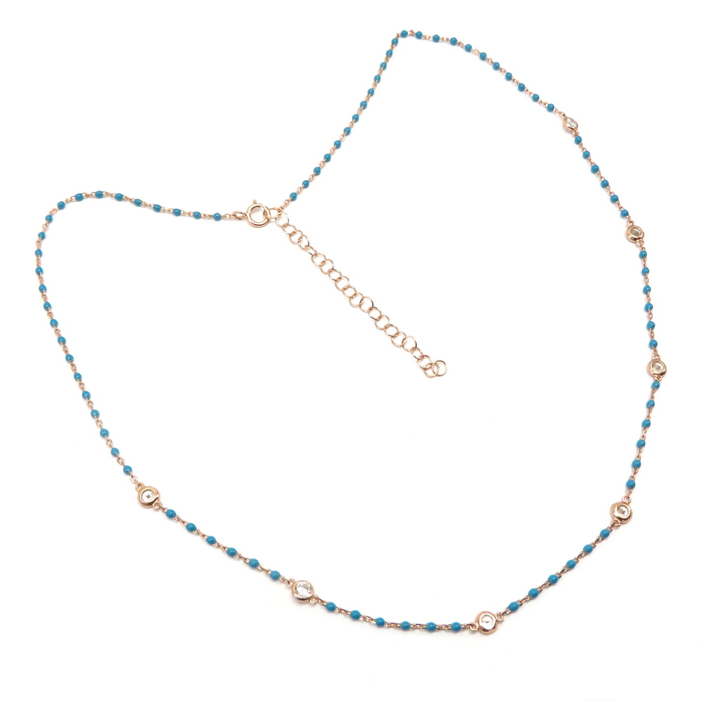 Rose Gold Plated Silver Necklace with Turquoise Beads and Cubic Zirconia